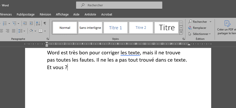 Exemple des lacunes de relecture du logiciel Word de Microsoft Office