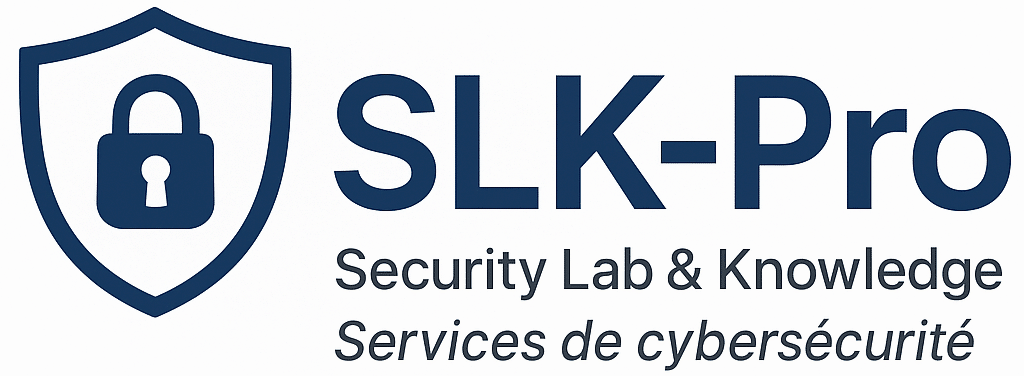 Logo représentant un cadenas dans un bouclier avec le nom de l'entreprise et ses services : SLK-Pro, Security Lab & Knowledge, services de cybersécurité